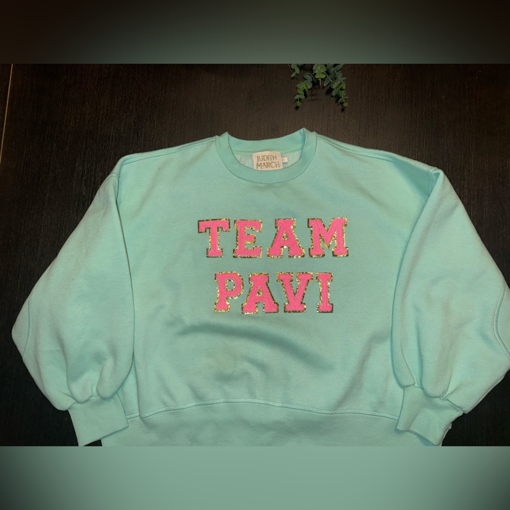 Judith March Aqua Pullover with Pink Sequin-Trim Letters